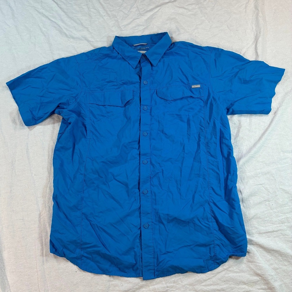 Columbia Men's Omni-Shade Short Sleeve Button Up Shirt Large Blue Outdoor G6